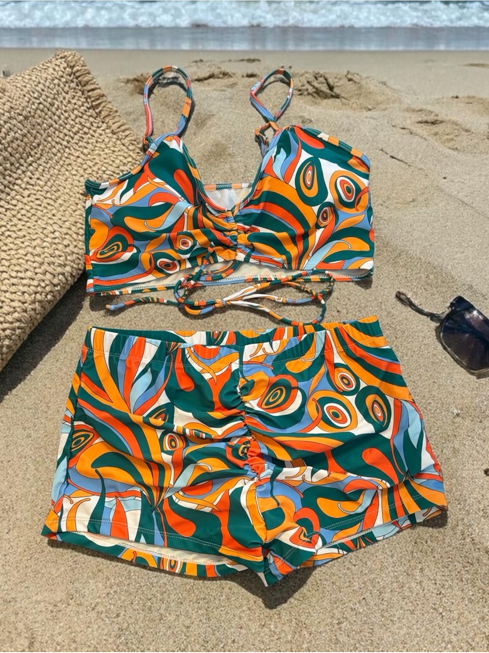 Retro Print Two-Piece Swim Set in Teal, Orange & White